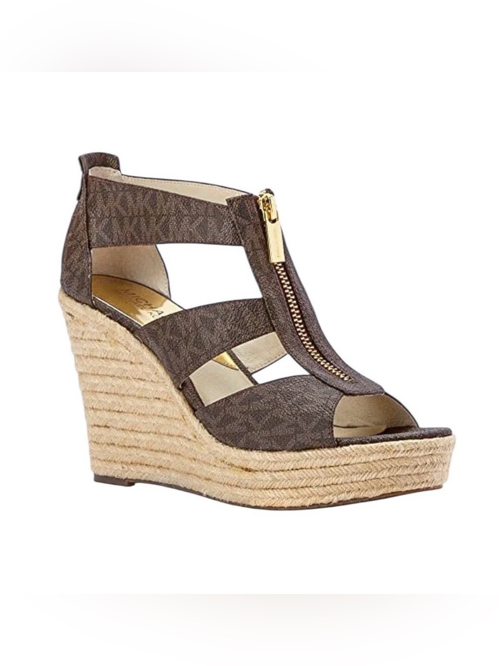 Michael Kors Damita Brown Logo Espadrille Wedge Sandal with Gold Zipper